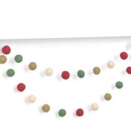 Rustic Christmas Decoration - Farmhouse Holiday Wall Hanging Wool Felt Ball Garland Burgundy, Forest, Cream - thumbnail 2
