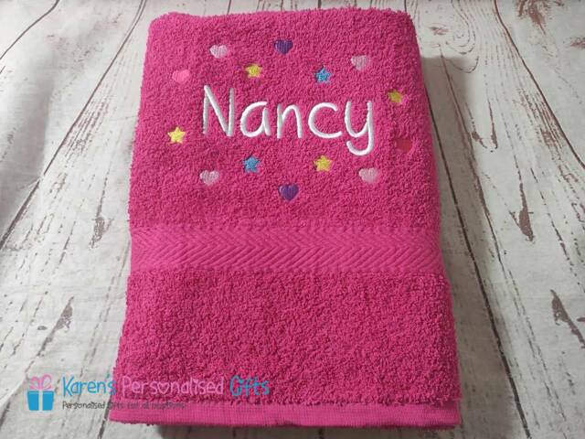 Personalised Kids Bath Towel, Pink Hearts & Stars Children's Swim Embroidered, - Choice Of Colours - image 1