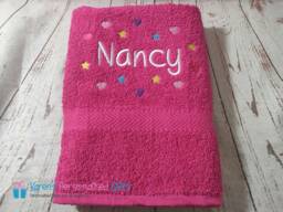 Personalised Kids Bath Towel, Pink Hearts & Stars Children's Swim Embroidered, - Choice Of Colours - thumbnail 1
