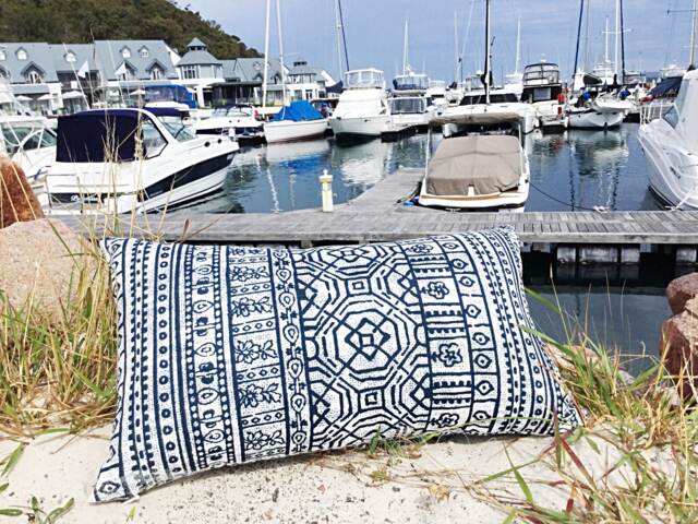 Tribal Outdoor Pillow Cover Ecru Navy Coastal Cushion - image 1