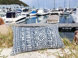 Tribal Outdoor Pillow Cover Ecru Navy Coastal Cushion - thumbnail 1