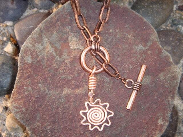 Handmade Copper Sun Pendant Necklace, Toggle Clasp, Unique Design