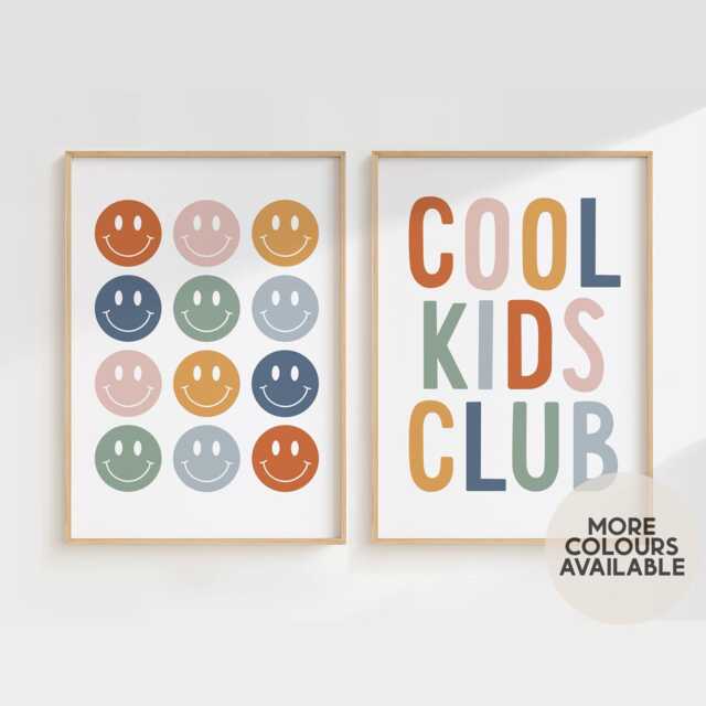 Playroom Print Set - Cool Kids Club Smiley Faces Posters Decor Play Corner Prints Unframed - image 1