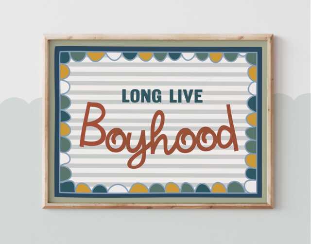 Long Live Boyhood Print in Bright Colours, Blue Stripes & Scallop Pattern Boys Prints, Kids Retro Bedroom Playroom, Scandi Nursery Decor - image 1
