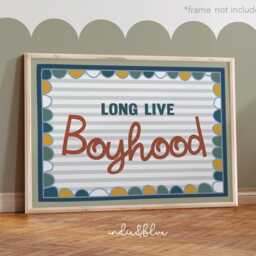 Long Live Boyhood Print in Bright Colours, Blue Stripes & Scallop Pattern Boys Prints, Kids Retro Bedroom Playroom, Scandi Nursery Decor - thumbnail 2