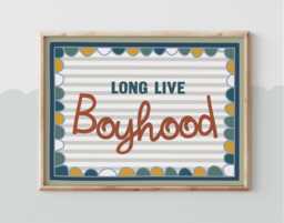 Long Live Boyhood Print in Bright Colours, Blue Stripes & Scallop Pattern Boys Prints, Kids Retro Bedroom Playroom, Scandi Nursery Decor - thumbnail 1