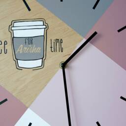 Geometric Coffee Cup Wall Clock, Color Block Wooden Decor - thumbnail 3
