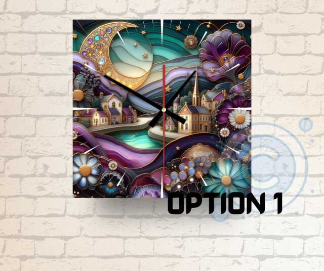 Midnight Town Glass Clock Square Mixed Media Art, Fantasy Home Decor - image 1