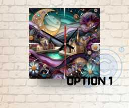Midnight Town Glass Clock Square Mixed Media Art, Fantasy Home Decor - thumbnail 1