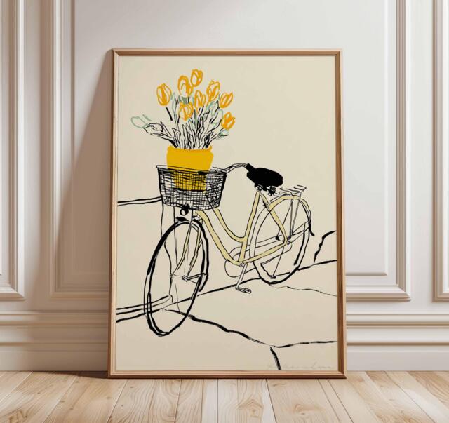 Yellow Bicycle Wall Art, Minimalist Line Drawing Print, Modern Floral Poster, Scandinavian Home Decor, Contemporary Art Print - image 1
