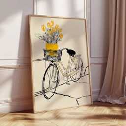 Yellow Bicycle Wall Art, Minimalist Line Drawing Print, Modern Floral Poster, Scandinavian Home Decor, Contemporary Art Print - thumbnail 2