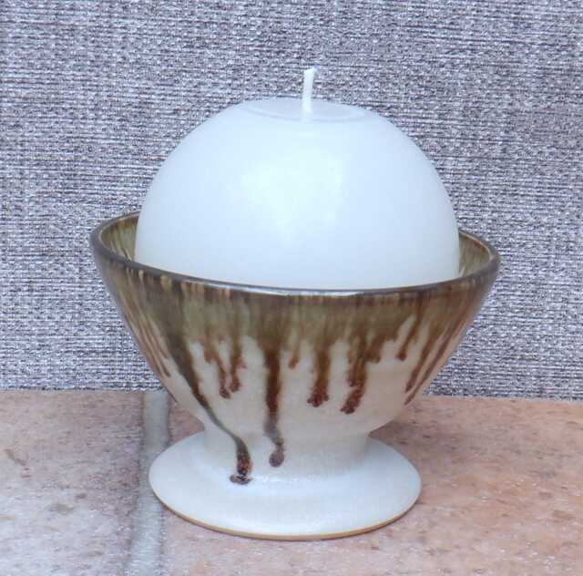 Globe Candle Holder Stoneware Handmade Ceramic Pottery Footed Dish Bowl - image 1