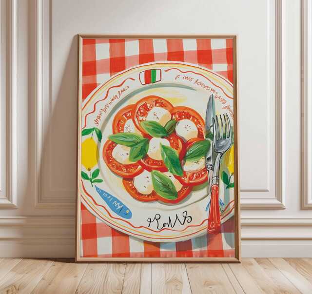 Italian Kitchen Wall Art, Gouache Painting, Tomato Mozzarella Print, Red Check Decor Poster, Mediterranean Food Art, Roma Wall - image 1