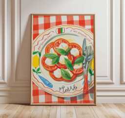 Italian Kitchen Wall Art, Gouache Painting, Tomato Mozzarella Print, Red Check Decor Poster, Mediterranean Food Art, Roma Wall - thumbnail 1