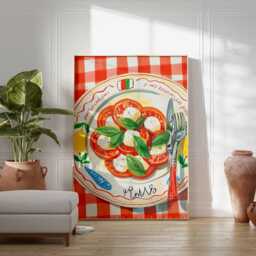 Italian Kitchen Wall Art, Gouache Painting, Tomato Mozzarella Print, Red Check Decor Poster, Mediterranean Food Art, Roma Wall - thumbnail 2