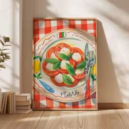 Italian Kitchen Wall Art, Gouache Painting, Tomato Mozzarella Print, Red Check Decor Poster, Mediterranean Food Art, Roma Wall - thumbnail 3