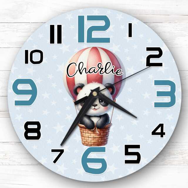 Hot Air Balloon Panda Personalised Gift For Kid's Bedroom Clock - Kids Clock, Children's , Custom Wall - image 1