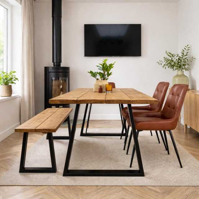 Reclaimed Wood Dining Table With Steel Trapezium Legs. - Matching Benches Available - image 1