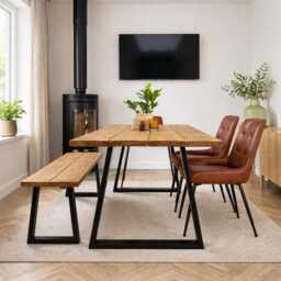 Reclaimed Wood Dining Table With Steel Trapezium Legs. - Matching Benches Available