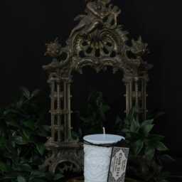 Ornate White Gothic Candle, Haunted Home Decor, Witchy Baroque Pillar Gift, Sandalwood & Musk - thumbnail 3