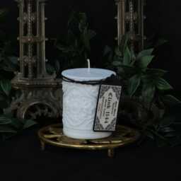 Ornate White Gothic Candle, Haunted Home Decor, Witchy Baroque Pillar Gift, Sandalwood & Musk - thumbnail 2