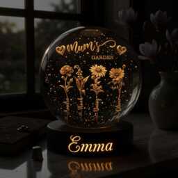 Personalized Mum's Garden Birth Flower Crystal Ball, Custom Mother's Day Night Light With Kids Names, 3D Engraved Floral Lamp, Grandma Gift - thumbnail 3