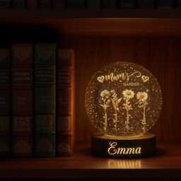 Personalized Mum's Garden Birth Flower Crystal Ball, Custom Mother's Day Night Light With Kids Names, 3D Engraved Floral Lamp, Grandma Gift - thumbnail 1