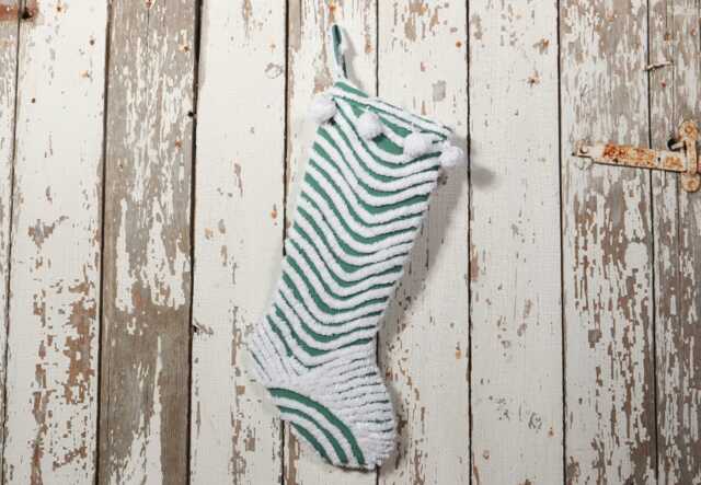 Green & White - Lush & Fluffy Vintage Chenille Christmas Stocking Pom Pom, Flower - image 1