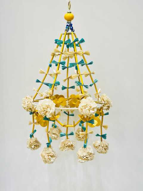 Handmade Paper Chandelier, White Rose Flowers, Blue Pottery Beads - image 1
