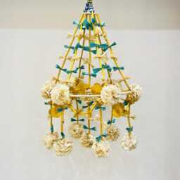 Handmade Paper Chandelier, White Rose Flowers, Blue Pottery Beads - thumbnail 2