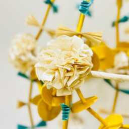 Handmade Paper Chandelier, White Rose Flowers, Blue Pottery Beads - thumbnail 3