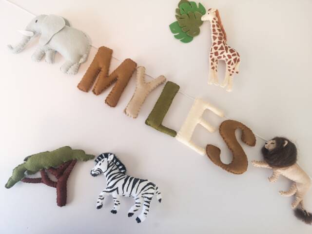 Handmade Felt Safari Garland, Jungle Nursery Decor, Lion, Giraffe, Zebra, Elephant, Safari Name Banner - image 1