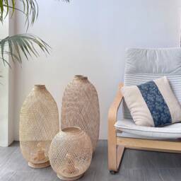 Plug-In Woven Bamboo Basket Floor Lamp - Repurposed Fish Trap Light Boho Rustic Rattan Base - thumbnail 2