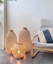 Plug-In Woven Bamboo Basket Floor Lamp - Repurposed Fish Trap Light Boho Rustic Rattan Base - thumbnail 1