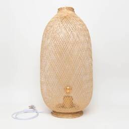 Plug-In Woven Bamboo Basket Floor Lamp - Repurposed Fish Trap Light Boho Rustic Rattan Base - thumbnail 3