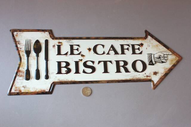 Cafe Bistro Sign Rustic Arrow Shabby, Door Sign, Wall Hanging, Plaque White Black, Nostalgic French Vintage Style - image 1