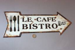 Cafe Bistro Sign Rustic Arrow Shabby, Door Sign, Wall Hanging, Plaque White Black, Nostalgic French Vintage Style - thumbnail 1