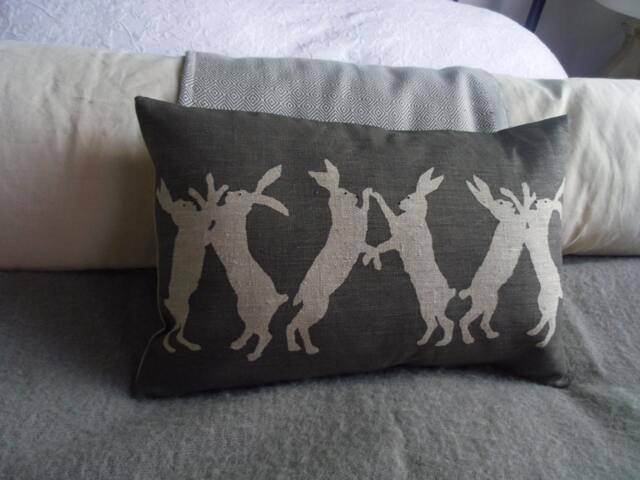 Hand Printed Reversible Little Boxing Hares Cushion Cover - image 1