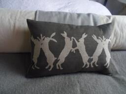 Hand Printed Reversible Little Boxing Hares Cushion Cover - thumbnail 1