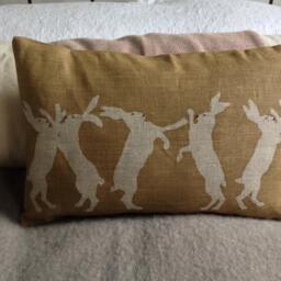 Hand Printed Reversible Little Boxing Hares Cushion Cover - thumbnail 3