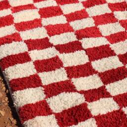 Handmade Burgundy Checkered Moroccan Wool Rug - thumbnail 2