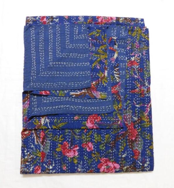 Handmade Bird Print Kantha Quilt - Lightweight Cotton Bedspread - image 1