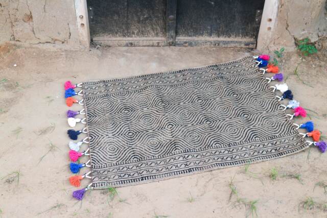 Hand Block Printed Jute Rug, Geometric Black/Beige, Pom Decor - 2 X 3 Ft - image 1