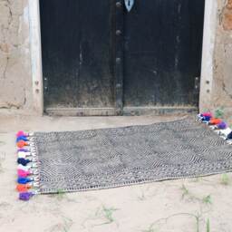 Hand Block Printed Jute Rug, Geometric Black/Beige, Pom Decor - 2 X 3 Ft - thumbnail 2