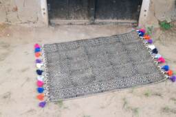 Hand Block Printed Jute Rug, Geometric Black/Beige, Pom Decor - 2 X 3 Ft - thumbnail 1
