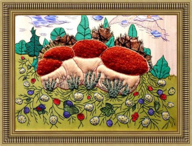 Mushroom Landscape Cross Stitch Handmade Patchwork Wall Decor - image 1