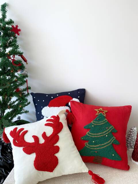 Hand Tufted Christmas Pillow Cover, Red Deer Embroidered Cushion Cover, Winter Holiday Home Decor Rug, Merry Ornament, Noel Gift - image 1