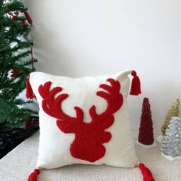 Hand Tufted Christmas Pillow Cover, Red Deer Embroidered Cushion Cover, Winter Holiday Home Decor Rug, Merry Ornament, Noel Gift - thumbnail 2
