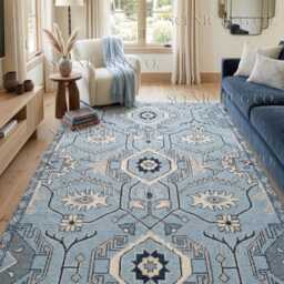 Hand Knotted Wool Rug, Turkish Oushak Traditions, Powder Blue Home Decor - thumbnail 2