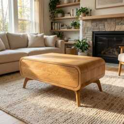 Solid Oak Coffee Table With Drawer, Art Deco Style - thumbnail 3